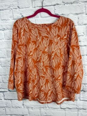 Chico’s 3 XL Burnt Orange Leaf Print Knit Top 3/4 Sleeve Cotton Stretch
